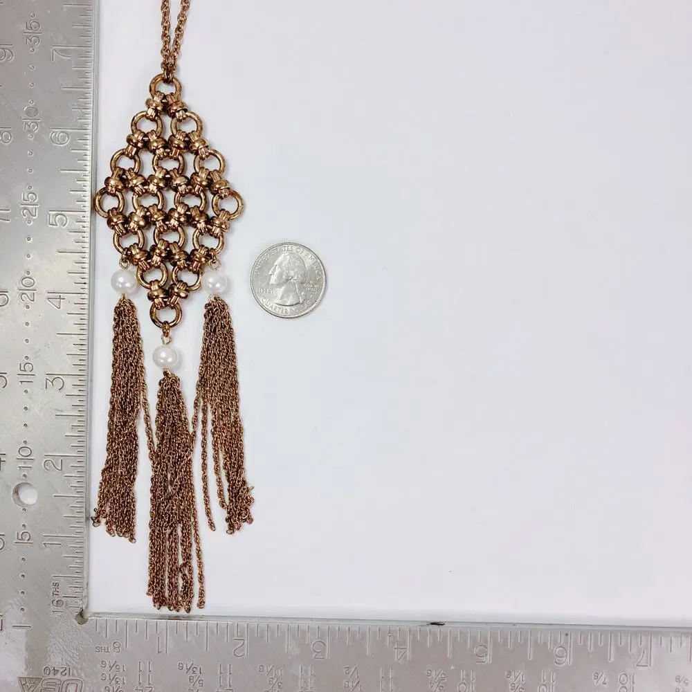 Signed Banana Republic VTG 1990s Gold Tone Pearl Tassel Pendant Necklace